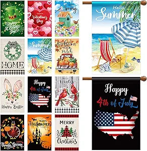 Mixweer 12 Pack 28 x 4 Inch Independence Day Flags Seasonal Garden Flags for Outside Holiday Double Sided Large Spring Summer Patriotic Lawn Yard Outdoor Banner Set Polyester for Festive Decorations