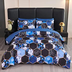 ANGIYUIN 7 Pieces Blue Black Marble Queen Bed in A Bag White Flowers Comforter Sets Gold Geometric Honeycomb Bedding Sets for Women Men