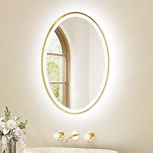 TETOTE Gold Oval Led Mirror with Lights 20" x 28" Metal Framed Oval Lighted Bathroom Vanity Mirror Wall Mounted, Front and Backlit 3 Color Stepless Dimmable Anti Fog, Shatterproof, CRI 90+