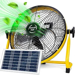 DBF 14" Solar Powered Fan, 15000 mAh Rechargeable Battery Operated Outdoor Floor Fan, 20W Solar Panel, 4-24H Runtime, 12 Speeds, Quiet, Cordless, Heavy Duty Metal Blade for Camping Home Outage, Yellow