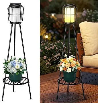 MXwcy 2 Pack Solar Lights Outdoor with Plant Stand, Waterproof Solar Floor Lamp & Tall Metal Planter Holder for Outside, Decorative Tripod Pathway Lantern for Patio, Garden, Porch, Yard Decor