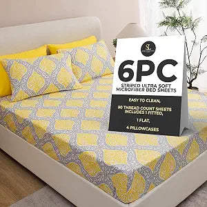 Home 6-Piece Soft Bed Sheet Set - Queen, Grey/Yellow Medallion