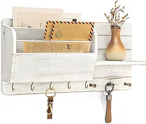 Rebee Vision Pine Wood Key Holder Wall Mount for Home Decor Farmhouse Key Holder for Wall with Mail Slot & Shelf for Mail & Accessories  Charm & Practical Storage for Apartment Essentials(Whitewash)