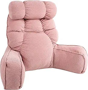 Pink Reading Pillow for Bed with Arms, 28" Tall Corduroy Backrest Pillows with Detachable Neck Roll & Side Pockets, Premium PP Cotton, Sitting Up Pillow for Watching TV, Gaming and Rest