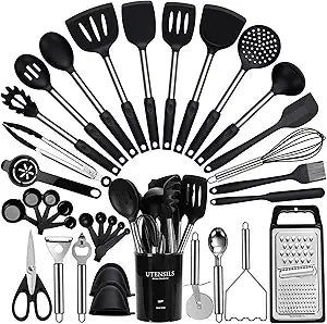 Large Cooking Utensils Set, 35 Pcs Silicone Kitchen Utensils Set with Holder, Stainless Steel Handle Spatula Set, Heat Resistant Food Grade Silicone Kitchen Gadgets for Non-stick Cookware (Black)