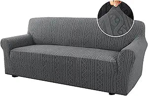 H.VERSAILTEX Stretch Couch Cover 1 Piece Soft Sofa Covers Furniture Protector with Elastic Bottom Anti-Slip Dogs Slipcovers Washable Upgrade Thick Jacquard Fabric with Spiral Pattern(75"-85", Grey)