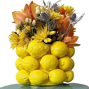 Lemon Vase -Cheery Yellow Ceramic French/Mediterranean Style Unique Vase with 3D Lemon Design- Lemon Kitchen Decor - Lemon Themed Housewarming Gift for her