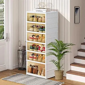 Foldable Storage Box - Clear Stackable Shoe Organizer with Lids - Large 6 Layer Shoe Rack Cabinet