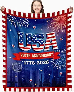American 250th Birthday Decoration Throw Blanket, 250th Anniversary USA Birthday Blanket, Soft Flannel American 1776-2026 Blankets Gfit for Couch Bed National Holiday 80" x 60"