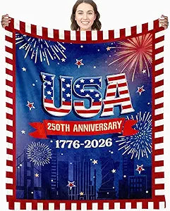 American 250th Birthday Decoration Throw Blanket, 250th Anniversary USA Birthday Blanket, Soft Flannel American 1776-2026 Blankets Gfit for Couch Bed National Holiday 80" x 60"