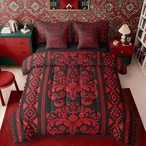 Comforter Set King Size, Red Aztec Damask 7 Pcs Bedding for Kids and Adults, Victorian Decor Western Baroque Goth Floral Bed Sheet Sets with Fitted Sheet 2 Pillowcases & 2 Shams for Bedroom Bed Decor