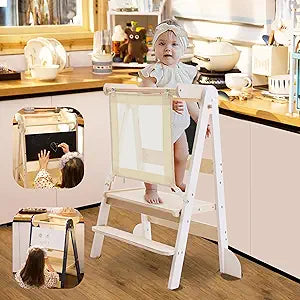 Foldable Toddler Standing Tower,2-Adjustable Height Kids Step Stool,Wooden Kitchen Helper with Whiteboard & Chalkboard,Anti-Tip Safety Rails Montessori Helper for Learning,Cooking, Ages 1-4 Years