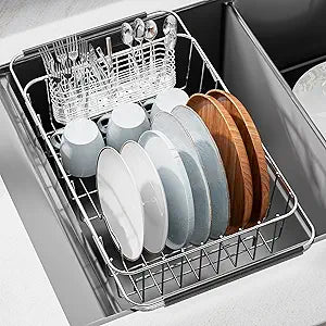 JAQ Over Sink Dish Drying Rack, Expandable 14.96"22.44" Adjustable Dish Rack for Kitchen Sink, 304 Stainless Steel Dish Drainer with Utensil Holder, Space Saving for Most Standard Kitchen Sinks