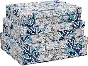 3-Piece Decorative Storage Boxes with Lids, Blue & White Art-Inspired Botanical Pattern, Sturdy Cardboard Keepsake Boxes, Stackable Memory Storage Boxes for Home Decor & Shelving