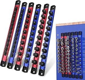 WORKPRO Magnetic Socket Organizer Set, 1/2" 3/8" 1/4" Drive Aluminum Alloy Socket Holder with Removable Socket Clips for Quick Customization, 6PC Socket Rail for Tool Box Drawer (Sockets Excluded)