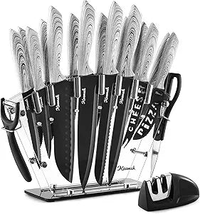 Keewah 19 Pieces Kitchen Knife Set, 15 Stainless Steel Knives with Wood Texture Handle, Acrylic Stand, Scissors, Peeler and Knife Sharpener