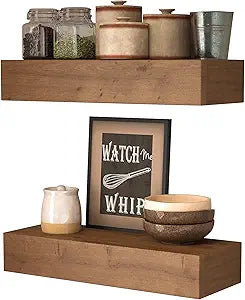 Wall Floating Shelves, Rustic Wood Wall Shelf Handmade - Wooden Shelves for Bathroom Kitchen Livingroom(Light Walnut, 17 Inch - 2 Pack)