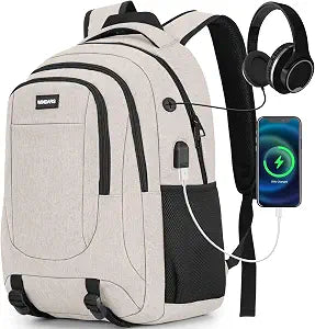 Laptop Backpack for Men and Women: 15.6 Inch Large School Backpacks for Teen Boys Durable Water Resistant College Bookbag Anti Theft Computer Bag with USB Charger for Business Work Travel, Beige