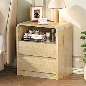 Modern Night Stand with Charging Station, 25" Tall Wood Nightstand Bedside Table with 3 Drawers & USB Ports, Mid-Century End Table for Bedroom (1, Nature Smooth, 2 Drawers)