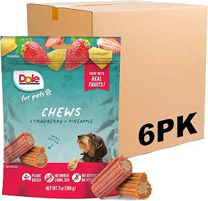 Dole for Pets Dog Chews, Assorted Strawberry and Pineapple Fruit-Flavored Treats, Real Fruit Flavor, No Artificial Preservatives, No Wheat Corn Soy, 7.05 Oz, 6 Pack