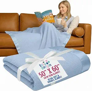 Waffle Throw Blanket  Lightweight, Soft & Cozy, Ideal for Bed or Couch, Breathable, Stylish Thermal Woven Design with Satin Trim, Great Gift for Birthdays & Holidays (Blue, 50x60)