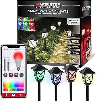 Monster Smart RGB+IC+WW Pathway Lights with 4 Dimmable LED Lights - Sound Reactive Garden Light, Weatherproof IP44 Outdoor Lighting - Compatible with Alexa, Google Assistant, Siri, Monster App