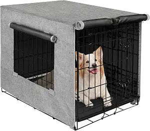 Akinerri Dog Crate Cover with Mesh Window, Double Door Waterproof Pet Kennel Cover, Durable 600D Polyester Protective Cage Cover for 42 Inch Dog Crate - Grey