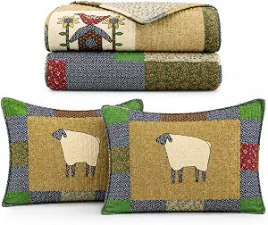 100% Cotton Patchwork Quilt Set Queen Size Farmhouse Quilted Bedding Set Lightweight All Season Quilt with 2 Pillow Shams for Bedroom Guest Room