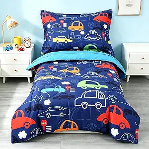 Toddler Bedding Set for Boys, 4 Piece Car Printed Toddler Comforter Bed Set