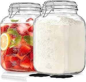 2 Pack 1 Gallon Square Super Wide-Mouth Glass Jars with Airtight Lids - Glass Storage Jars with 2 Measurement Mark - Canning Jars with Large Capacity, Sturdy For Canning, Overnight Oats, 4200 ML