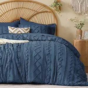 BEDELITE Queen Comforter Set 7 Pieces Navy Blue - Tufted Boho Bed in a Bag,Farmhouse-Style Embroidery Bedding for All Seasons,Soft Comforter with Sheets, Pillowcases & Shams