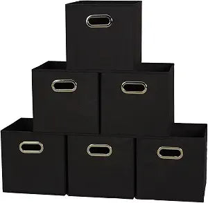 Household Essentials Foldable Fabric Storage Bins 6 Piece Set, Strong Poly-Woven Fabric, Sturdy Chipboard Sides, Grommet Front Handle, Stackable, Classic Design, Black