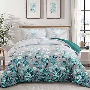 DJY Grey Comforter Set Queen, 3 Piece Blue Botanical Leaves Comforters with 2 Pillow Shams Queen Sizes Reversible Floral Comforter Sets Soft Microfiber Bedding Set for All Season (90"x90")