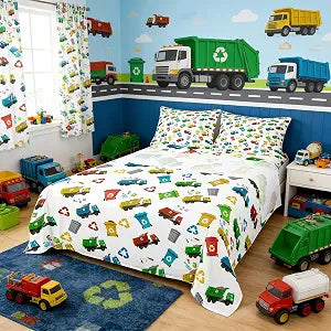 Garbage Truck Kids Sheet Twin Size,Cartoon Trash Truck Transport Vehicles Bedding Set,Boys Girls Adults Room Decor,Trash Can Chic Colorful Bright Bed Sheet Set 3pcs(Fitted + Flat + 1 Pillowcase)