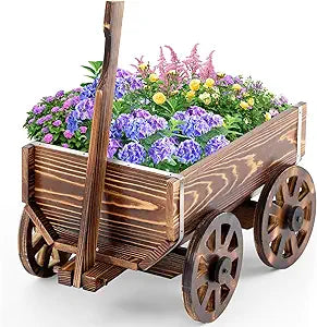 Beeveer Wooden Wagon Flower Planter Cart Garden Planter Box with Wagon Wheels Cart for Home Garden Outdoor Balcony Decorative, Patio Flowers Herbs Vegetables, Brown 34 x 23.5(Small Classic)