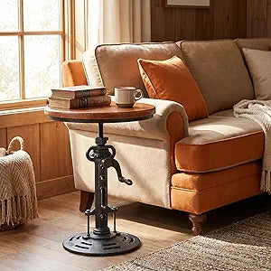 Topower Industrial Retro Side Table end Table Antique Mechanic DIY Crank Height Ajustable Cast Iron Base Table Farmhouse Accent End Table Silver