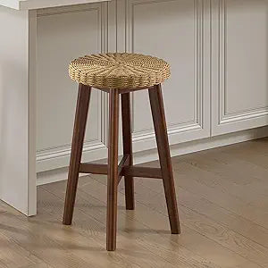 Alaterre Furniture Calais Round Bar Stool with Woven Seat - 24in Counter Height Bar Stools Backless for Kitchen, Bar or Dining Room - Wooden Barstool (Chestnut Finish)