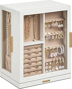 Glimmloop 360 Rotating Jewelry Box with 5 Drawers, Spacious Vertical Jewelry Organizer with Glass Window, Jewelry Storage Case, Dustproof & Moisture-resistant Design, White