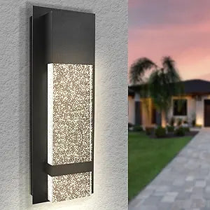 LUXRITE Modern LED Outdoor Wall Light, Seeded Bubble Glass Wall Sconce, 3CCT 3000K 4000K 5000K, 14 Inch, 12W, Black Aluminum, IP65 Waterproof, ETL, Exterior Porch Light, Front Door, Patio