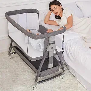 Jixrolyn 3 in 1 Baby Bassinet Bedside Sleeper, Height Adjustable Bedside Bassinet for Newborn and Infant with Mattress, Storage Basket, and Wheels (Grey)