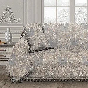 Loom and Mill Luxury Sofa Covers, Classic Damask Jacquard Thick Chenille Couch Cover Furniture Protector with Lace Edge and Handmade Tassels for Pet, Dogs and Cats (Grey, 71x118 inch)