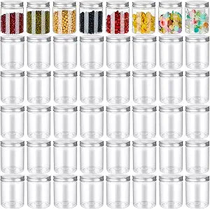 Aoriher 48 Pcs 8oz Plastic Mason Jars with Lids Round Clear Plastic Jars Containers Refillable Small Empty Storage Containers Food Canisters for Kitchen Storage(Silver)