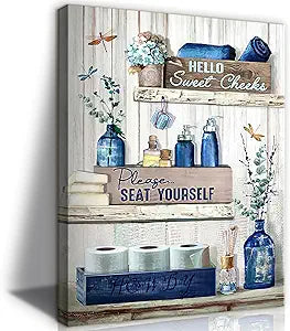 BJVJKSU Navy Blue Bathroom Decor Wall Art Rustic Blue Bathroom Canvas Wall Decor Please Seat Yourself Sign Print Painting Vintage Aesthetic Picture Artwork Decor(16x24in)