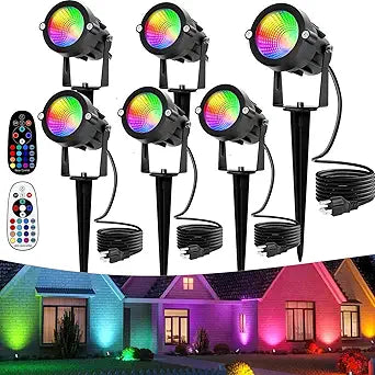 Halloween Christmas Spotlights Outdoor: RGBW Spot lights Plug in 120V Remote Control 16 Color Changing Waterproof LED Landscape Spotlights for Yard Garden Lawn Holiday Dcor, 6 Pack (RGB + Warm Light)