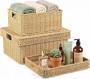 Wicker Storage Basket with Lid - Woven Storage Basket for Organizing,Rectangular Decorative Boxes Bins with Lids for Shelves, living room, Nursery, 2-Piece Set(Natural)