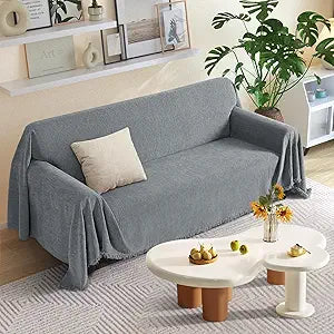 KinCam Couch Covers for 3 Cushion Couch Sofa Cover Washable Sectional Couch Cover for Dogs Tassel Sofa Blanket Cover Pet Friendly Soft and Durable for Most Furniture(91" x 134", Grey)