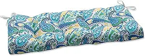 Pillow Perfect Paisley Indoor/Outdoor Sofa Setee Bench Swing Cushion with Ties, Tufted, Weather, and Fade Resistant, 18" x 44", Blue/Green Amalia,