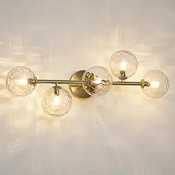 Gold Bathroom Vanity Light Fixtures: Modern Bath 5 Lights Brushed Golden Brass Wall Sconce - Vanity Light with Hammered Clear Globe Bubble Glass Shade - Midcentury Bathroom Lights Over Mirror G9 Base
