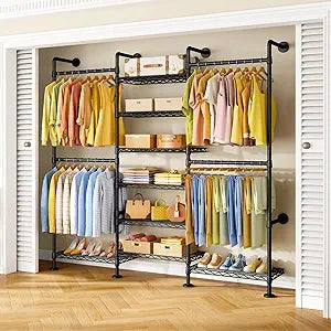 ULIFHOME M6 Clothes Rack for Wall Mounted, Heavy Duty Closet Wardrobe System with 8 Shelves and 4 Hanger Rods, 68.5" W x 11.8" D x 86.6" H Clothing Storage Organizer for Holding 1064lbs, Black