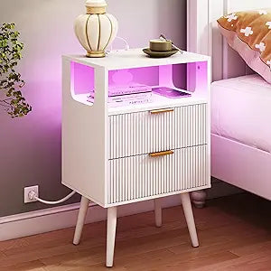 JOONEE White Nightstand with Charging Station and LED Lights,Modern Bedside Table with 2 Storage Drawer and Open Wood Shelf, for Bedroom and Small Spaces,Night Stand with Solid Wood Legs,White